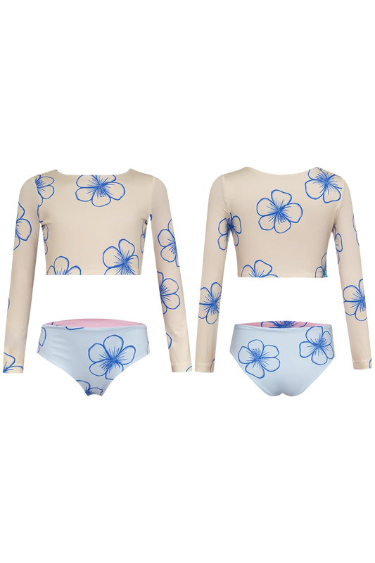 Pepita & Me Sea Flower Arena Sun Bikini top with vibrant blue and white floral pattern, featuring adjustable straps and padded cups.