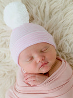 Ilybean - Pink & White Striped Newborn Beanie with White Pom