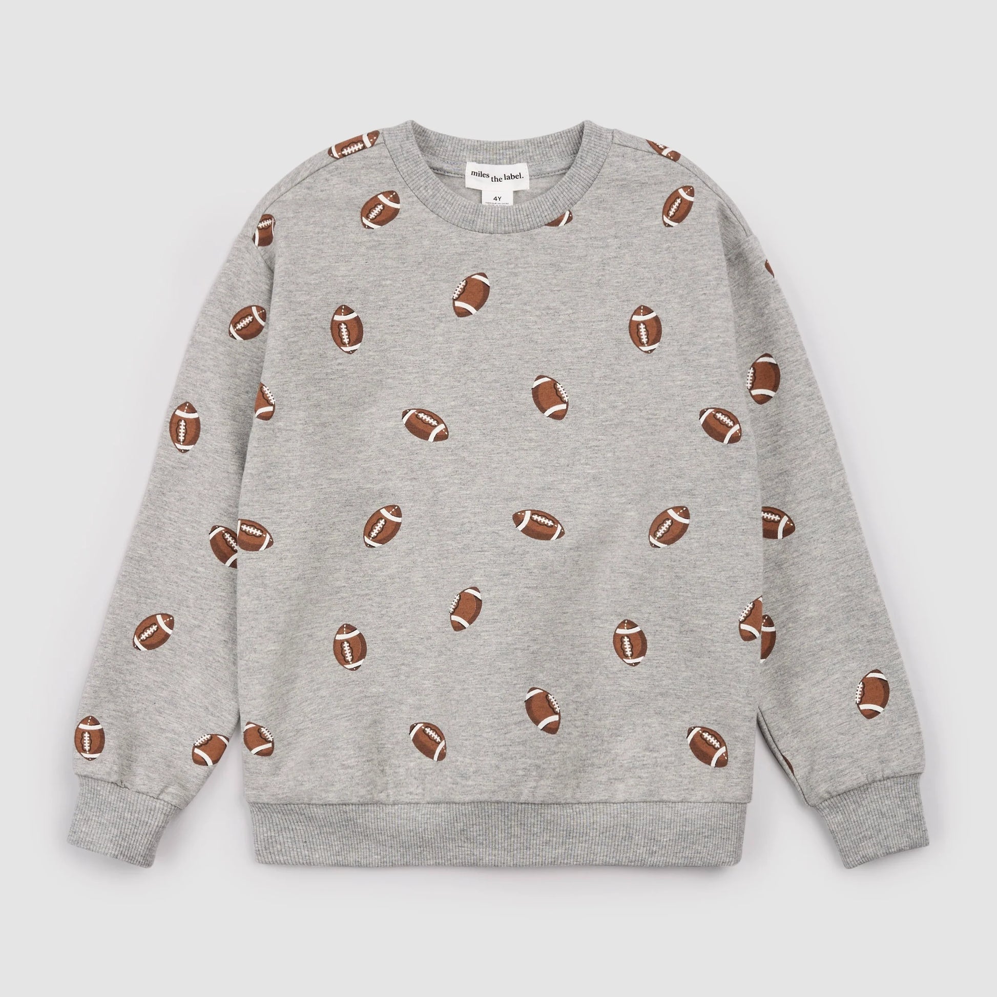 Grey football sweatshirt by Miles the Label featuring a relaxed fit and sporty design, displayed on a neutral background.