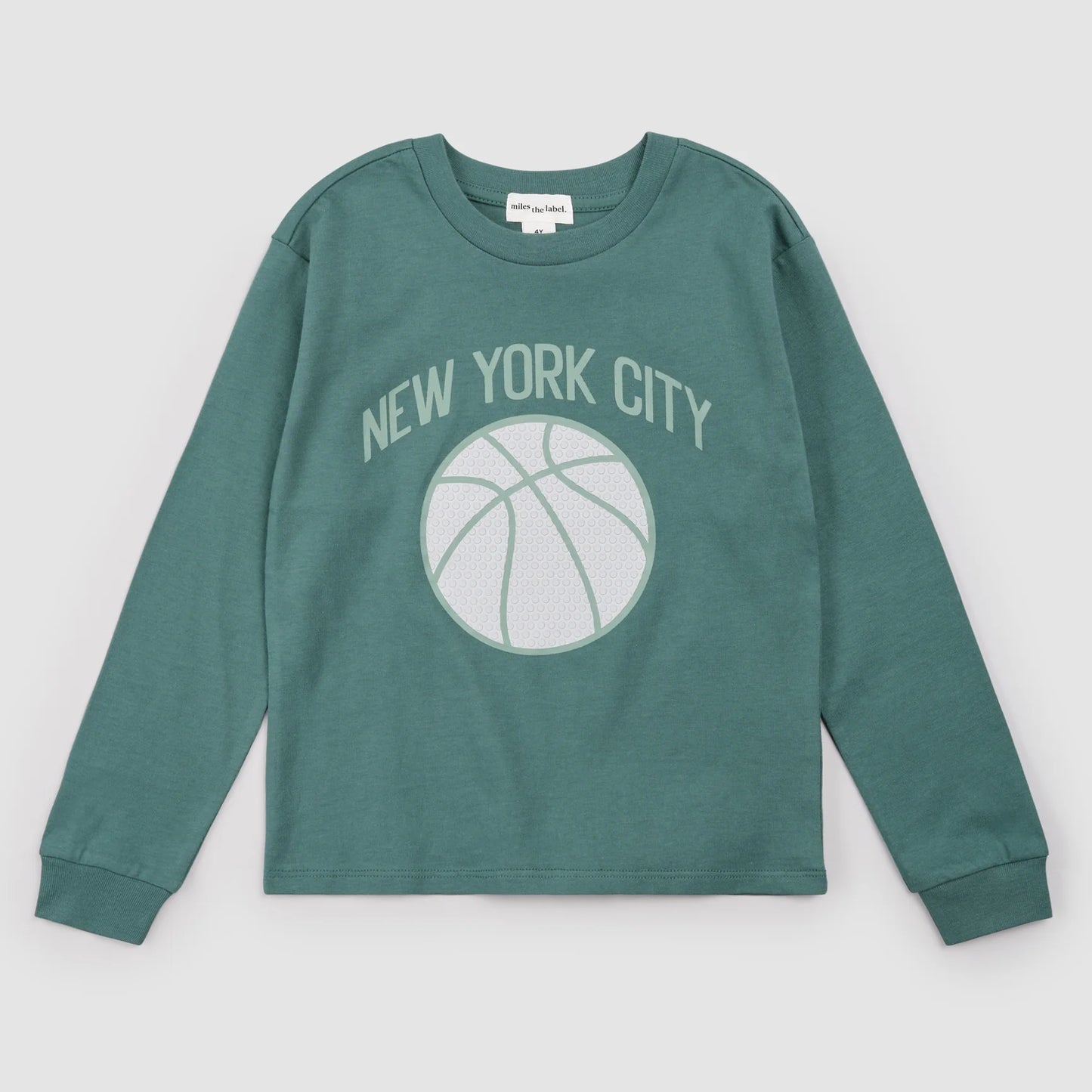 Miles the Label NYC long-sleeve basketball tee featuring a graphic design, casual fit, and comfortable fabric.