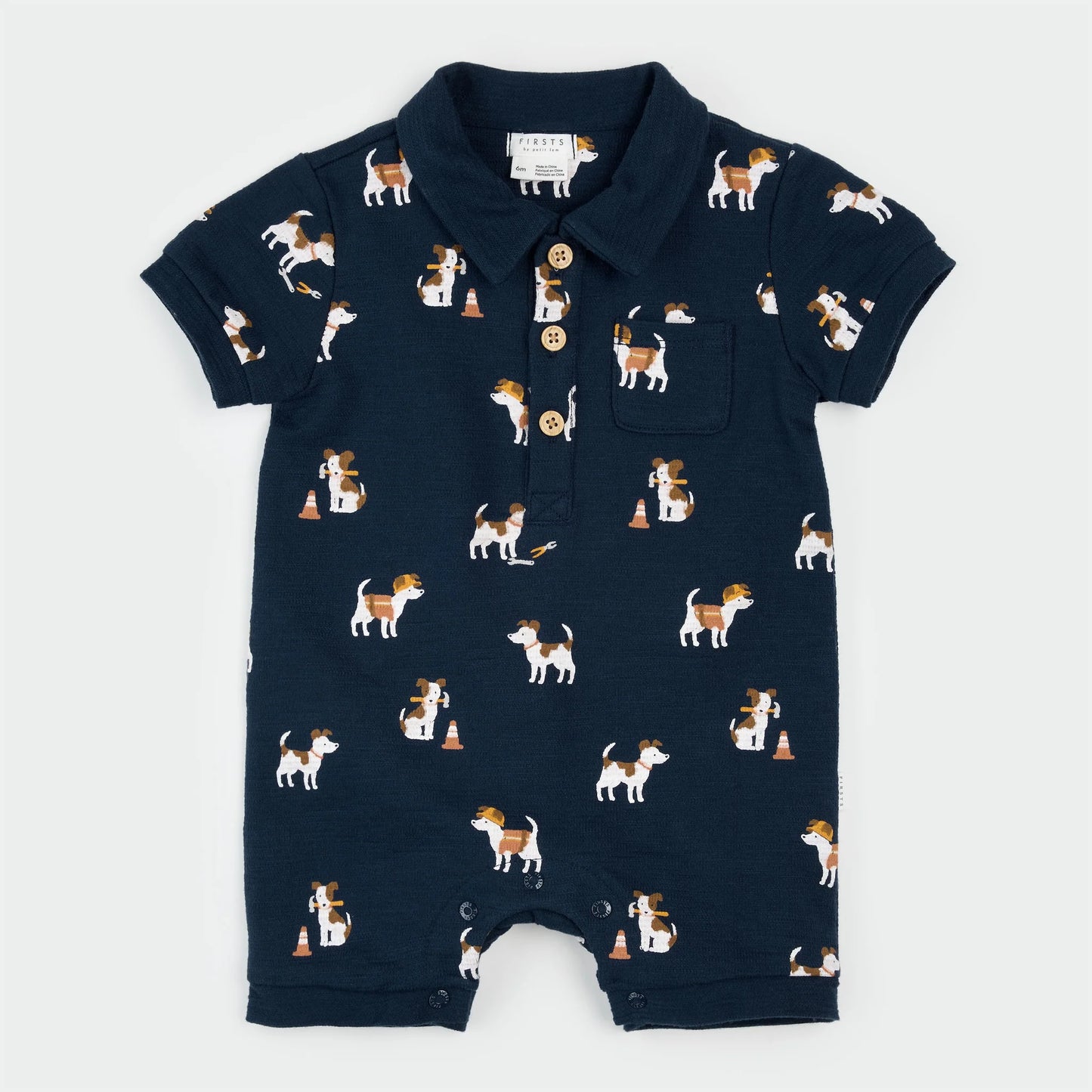 Pups at Work on Dress Blue Romper