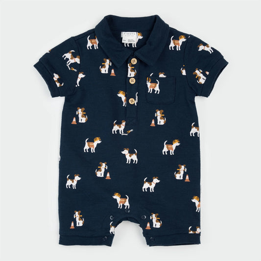 Petit Lem Pups at Work on Dress Blue Romper featuring playful puppy illustrations for baby casual wear.