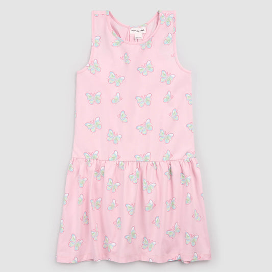 Butterflies on Parfait Racerback Jersey Dress by Miles the Label featuring a colorful butterfly print and a sleeveless racerback design.