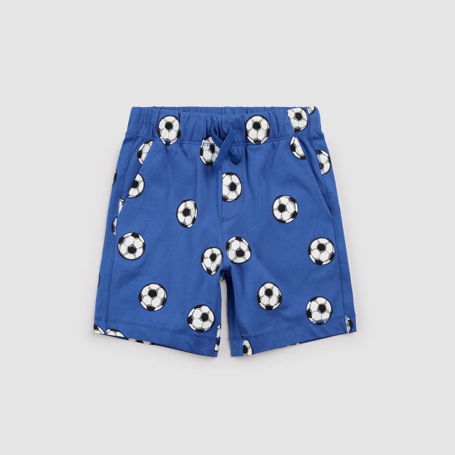 Royal blue soccer print shorts by Miles the Label featuring a vibrant sports-inspired design and comfortable fit.