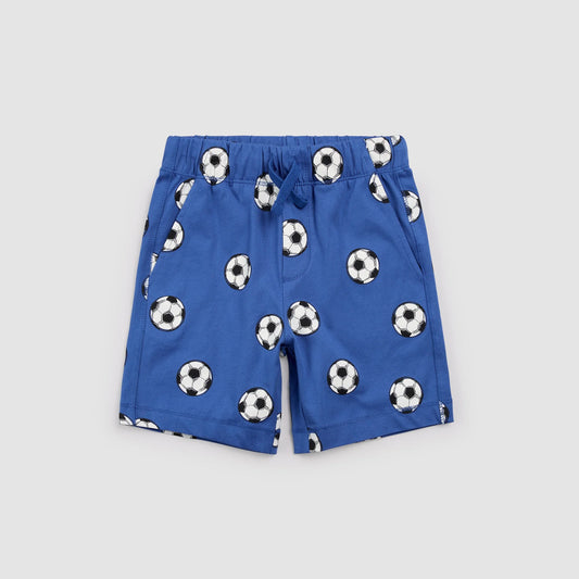 Royal blue soccer print shorts by Miles the Label featuring a dynamic athletic design and comfortable fit.