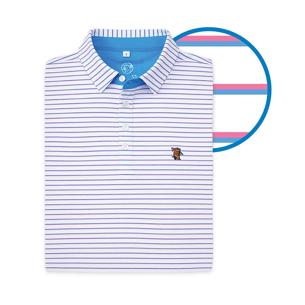 Youth Caddie Range Polo shirt in navy with white collar and short sleeves, displayed on a hanger.