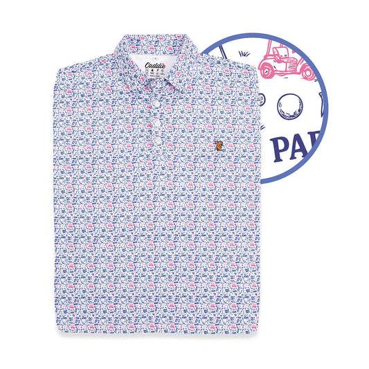 Youth Tally Polo by Caddie, green short-sleeve golf polo shirt with collar and button placket, displayed on a mannequin.