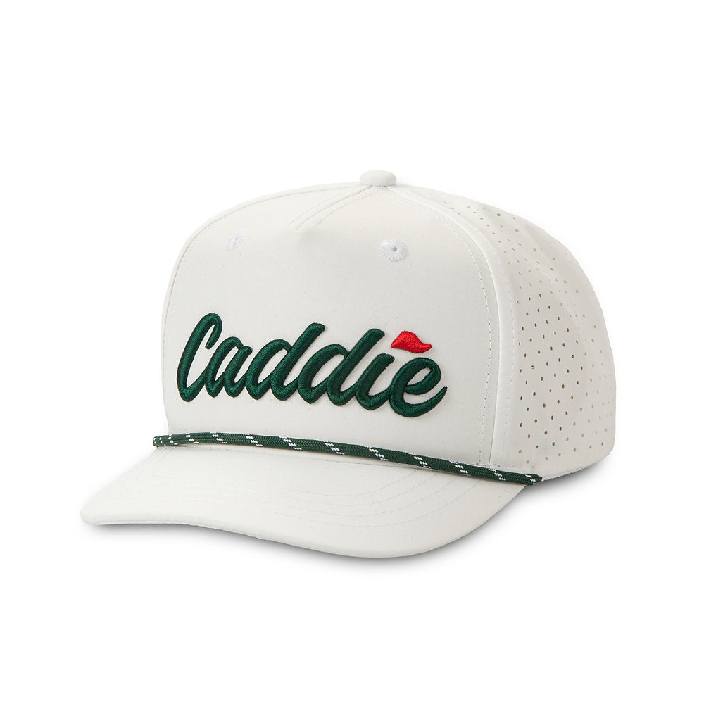 Youth Caddie Rope Hat in green and white with adjustable strap, featuring a casual style perfect for outdoor wear.