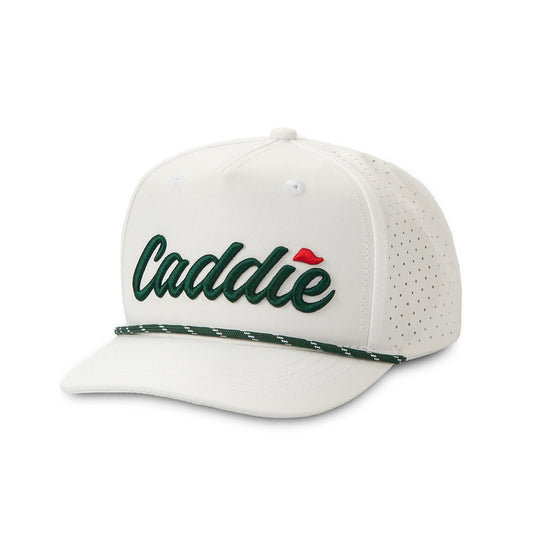 Youth Caddie Rope Hat in green and white with adjustable strap, featuring a casual style perfect for outdoor wear.