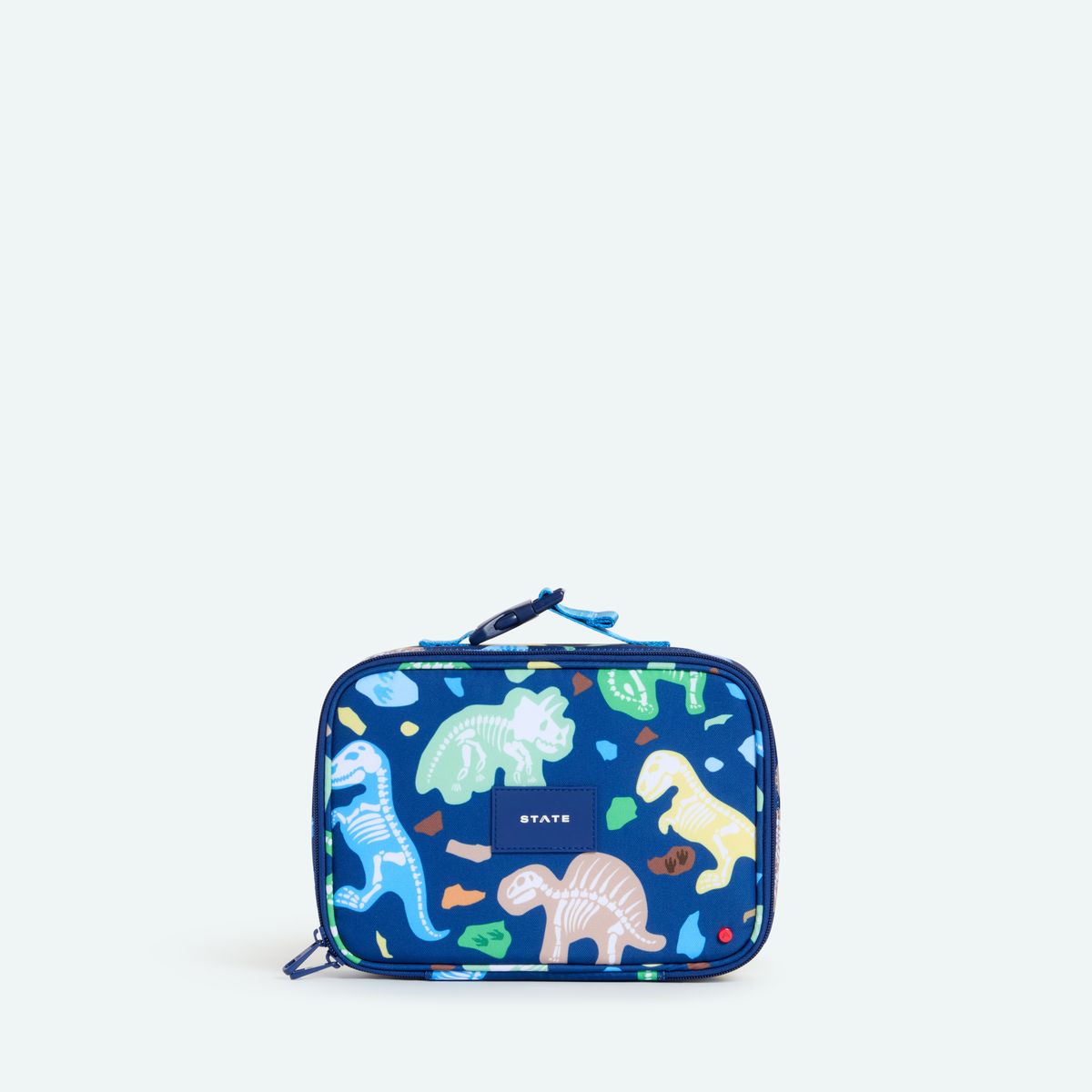 State Bags Dino Fossils Rodgers Lunch Box featuring dinosaur fossil illustrations and a sturdy, colorful design for kids' lunch.