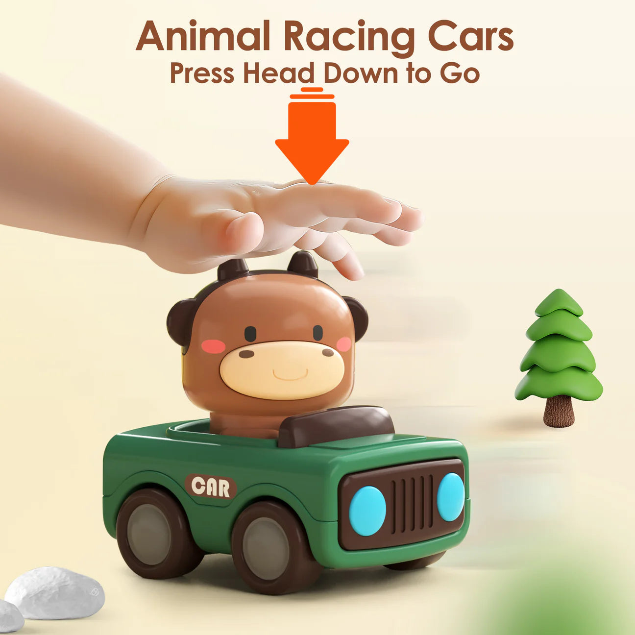 Press and Go Animal Car Toy by iplayilearn featuring colorful animal designs and a compact, easy-to-activate vehicle for kids.
