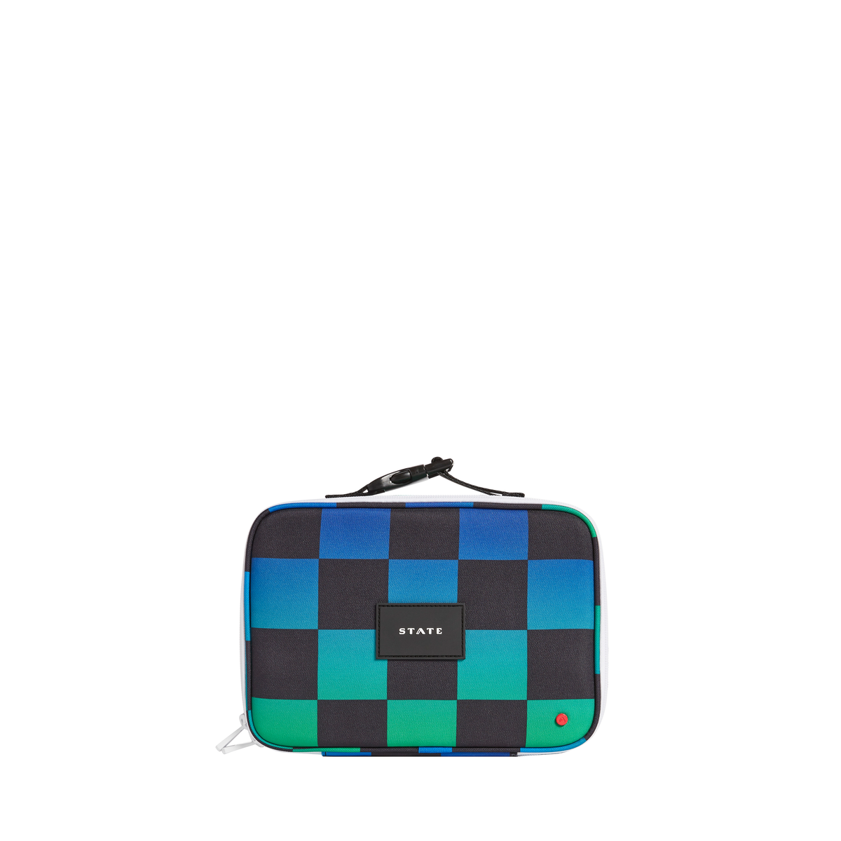 Blue checkerboard Rodgers lunch box by State Bags with a sturdy handle and insulated interior for packed meals.
