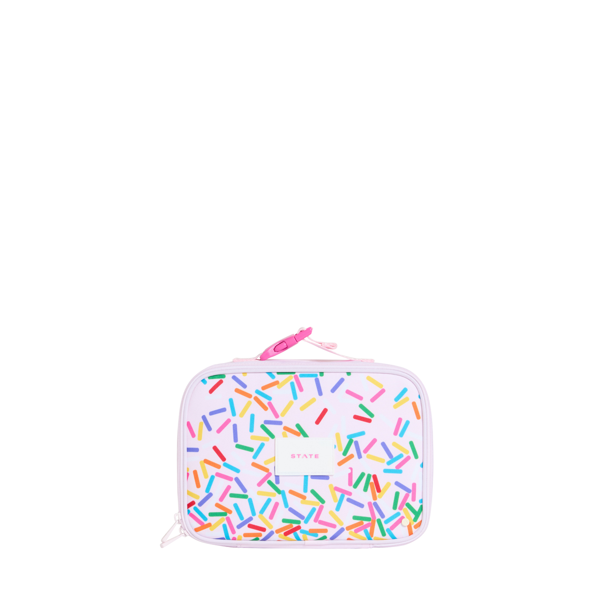 State Bags Sprinkles Rodgers Lunch Box with colorful sprinkle pattern and sturdy handle for easy carrying