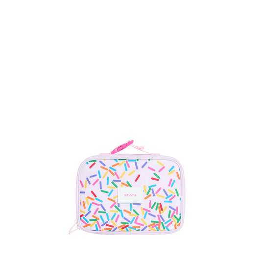 State Bags Sprinkles Rodgers Lunch Box with colorful sprinkle pattern and sturdy handle for easy carrying