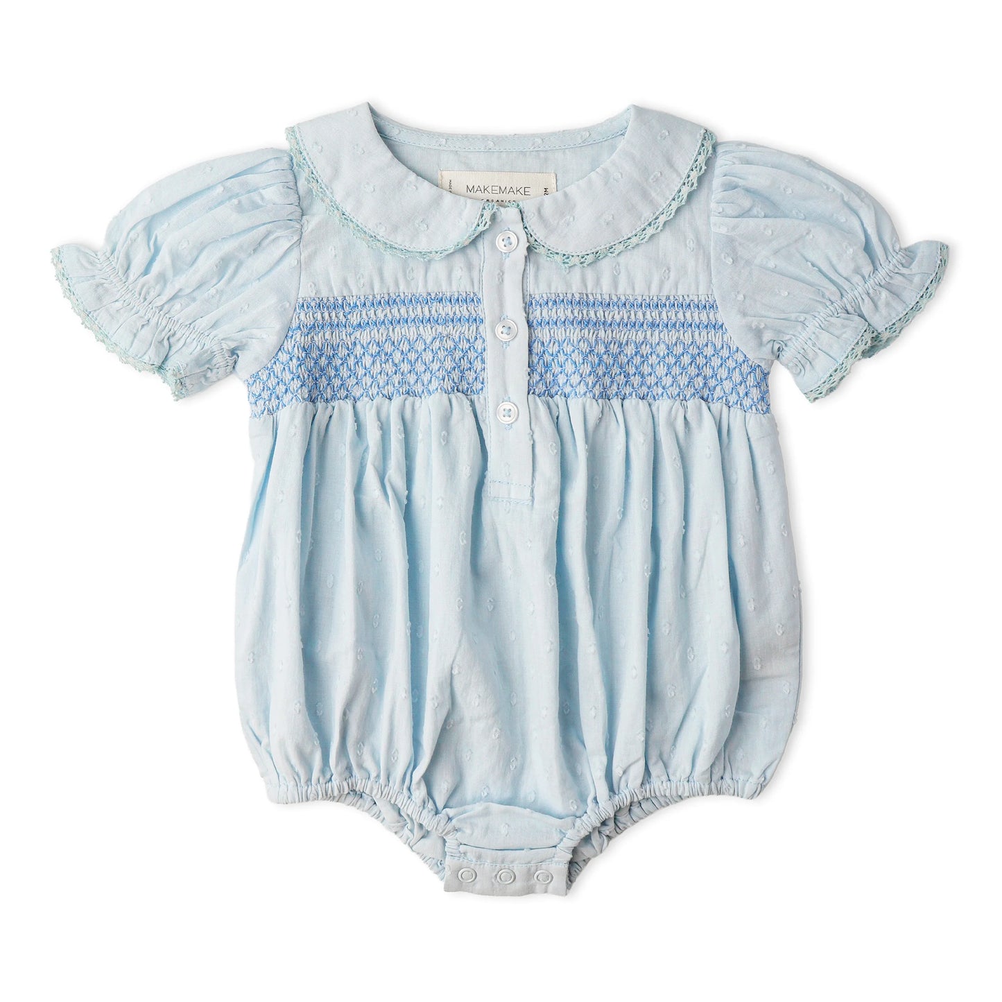Light Blue Organic Smocked Button Romper
