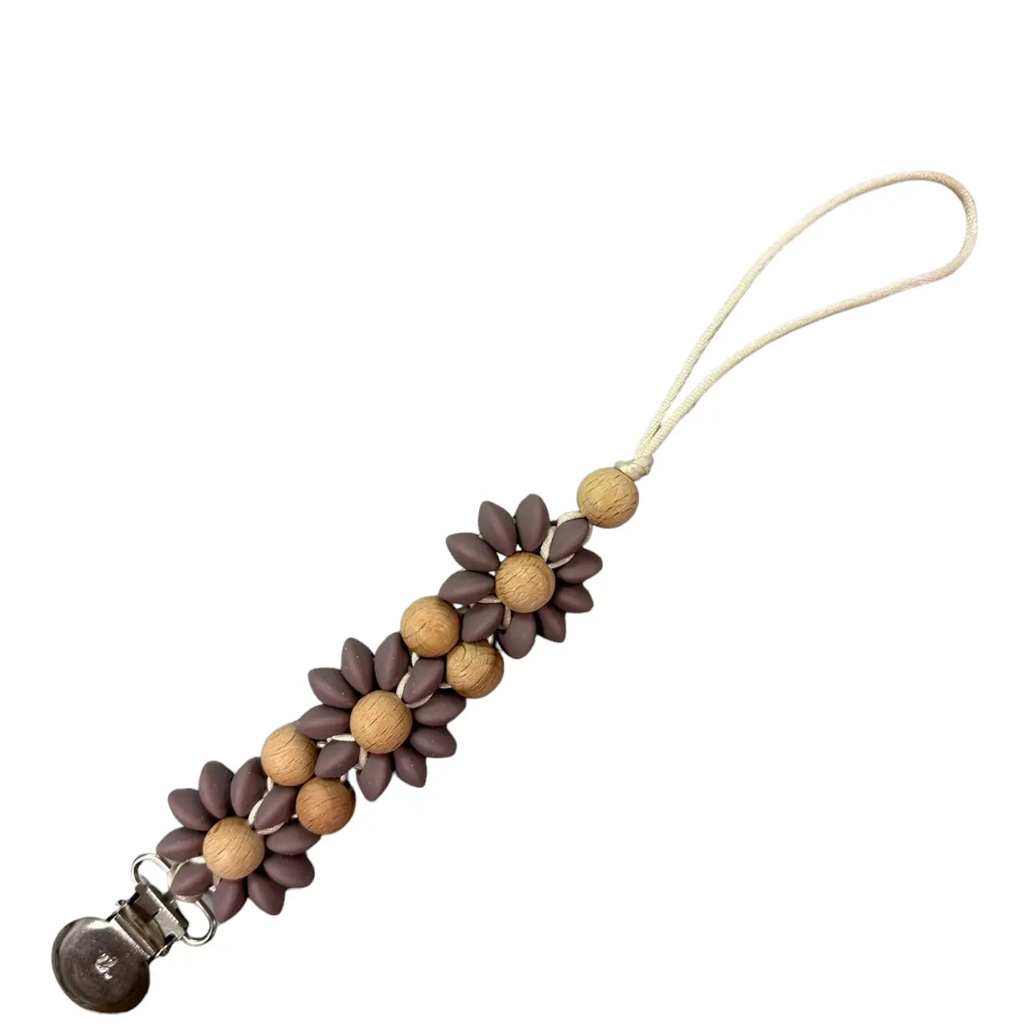 Olivia Paci Clip by Three Hearts featuring beech wood and silicone with colorful beads and a secure clip.