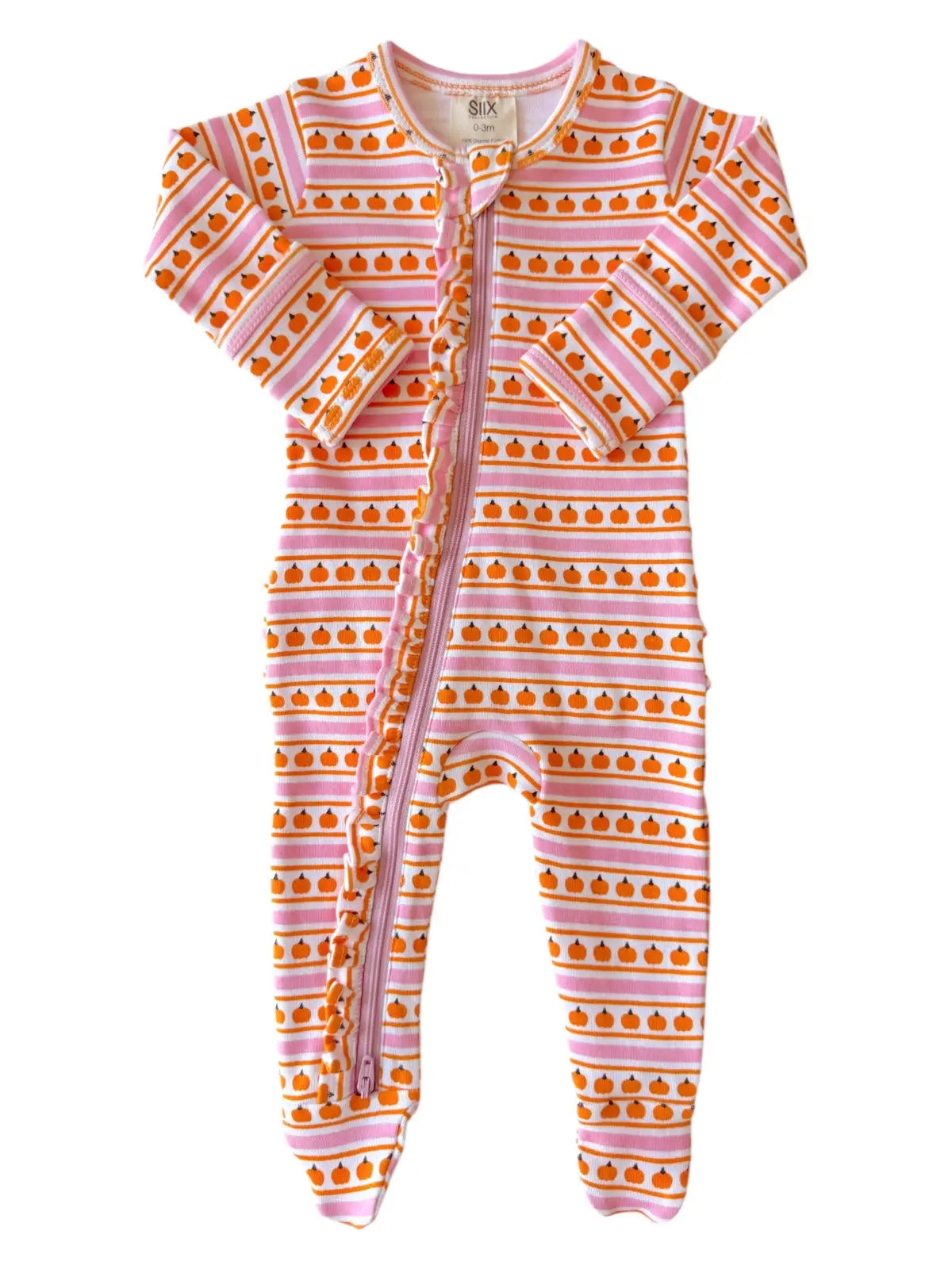 SIIX Collection - Pumpkin Stripe Pink Organic Frill Zip Footie