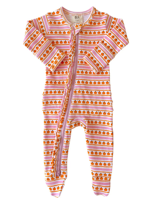 SIIX Collection - Pumpkin Stripe Pink Organic Frill Zip Footie