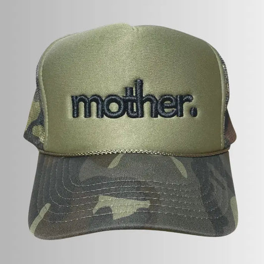 Mother embroidered trucker hat in olive with camo pattern, featuring a structured brim and mesh back for a casual, stylish look.