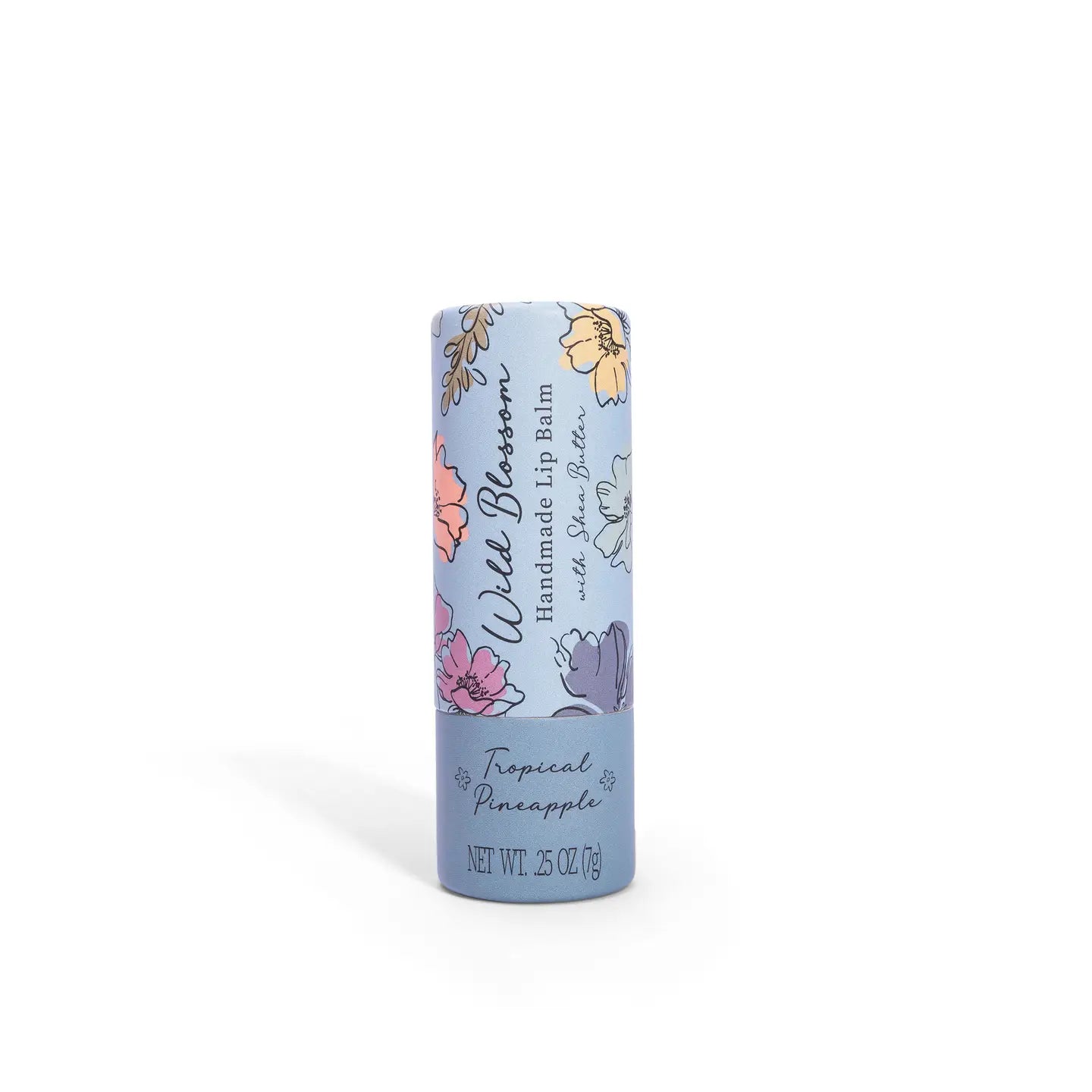 Cait + Co Wild Blossom Lip Balm in Tropical Pineapple flavor, showing the balm tube with tropical fruit illustration and vibrant packaging.