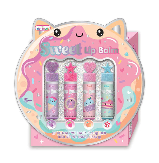 Hot Focus Sweet Sweet Lip Balm in a colorful container with a sweet candy design, showcasing a fun, vibrant product for soft lips.