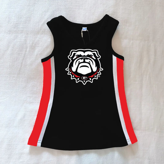 Black V-neck cheer dress with power stripe design from Scarlet & Gold, featuring University of Georgia branding and athletic fit.