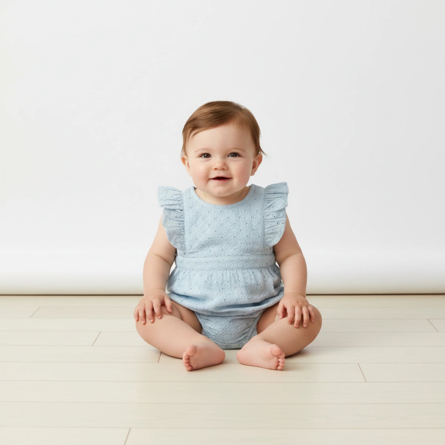 Light Blue Eyelet Organic Eyelet Flutter Romper