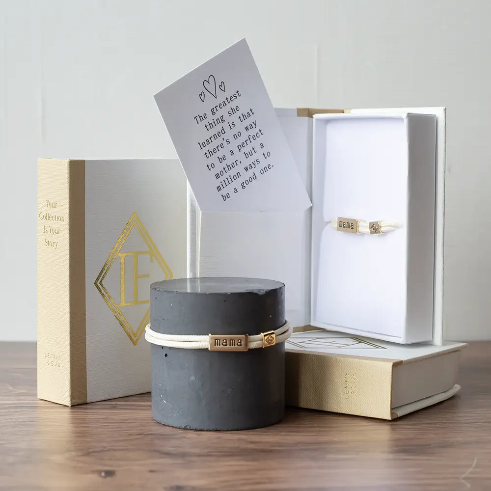 Ivory sentiment cord bracelet for moms by Lenny & Eva, featuring a delicate design and adjustable cord for a comfortable fit.
