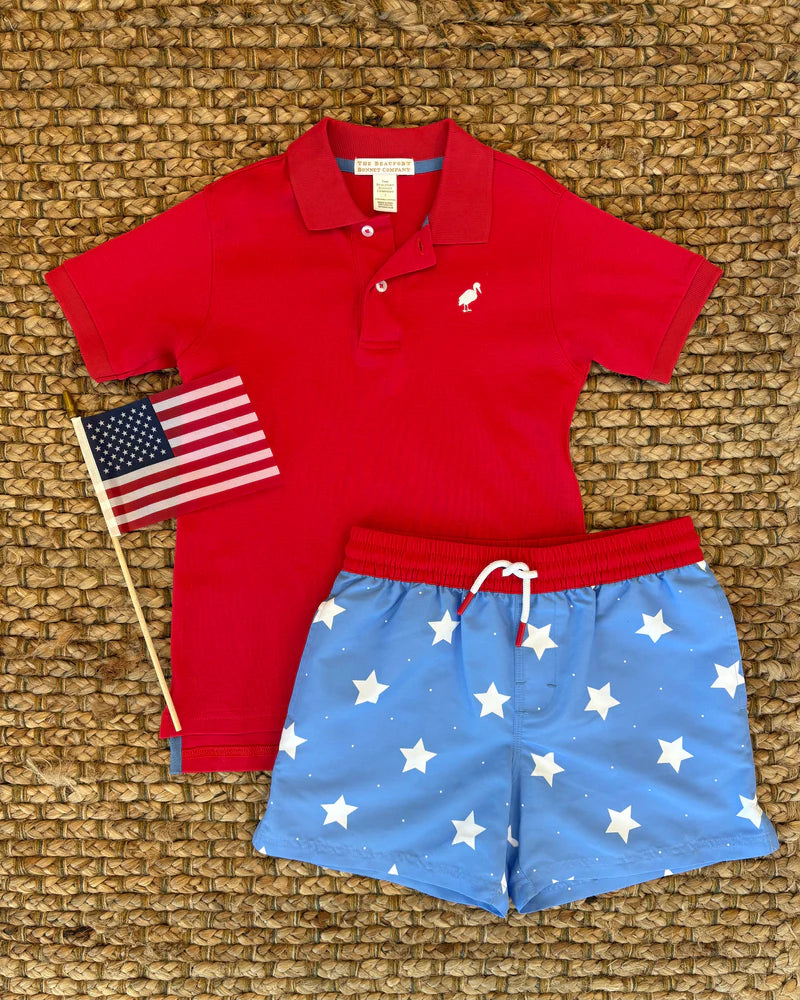 The Beaufort Bonnet Company - Tortola Swim Trunks North Sea Stars/Richmond Red