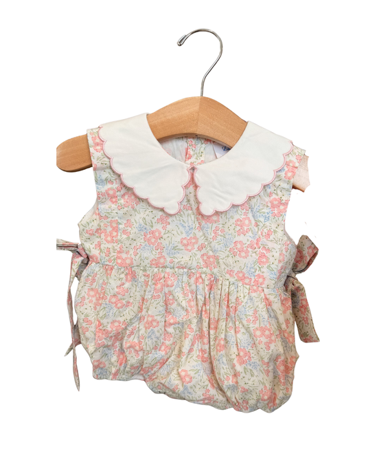 Lulu Bebe Tilly Floral Scalloped Collared Bubble dress featuring a colorful floral pattern and scalloped collar for babies