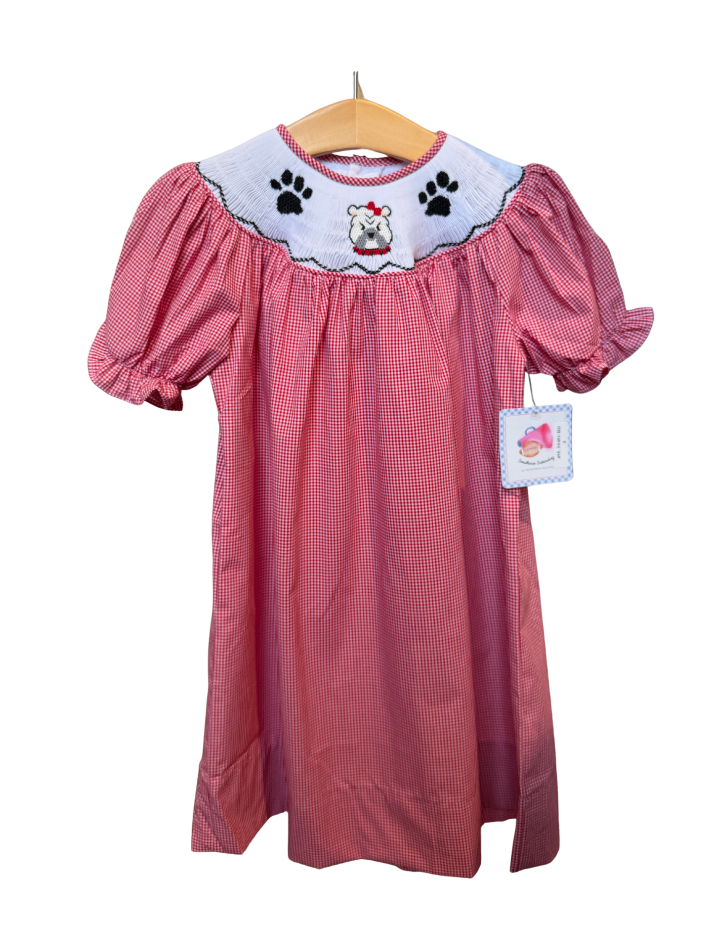 Red and white gingham mini dress for girls with smocked bodice and bulldog bishop style from Remember Nguyen.