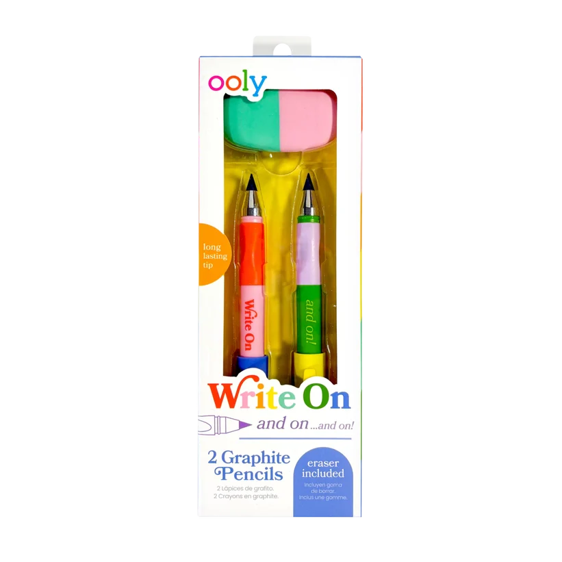 Set of three ooly Write On graphite pencils with erasers, featuring colorful pencil bodies and silver ferrules on a white background.