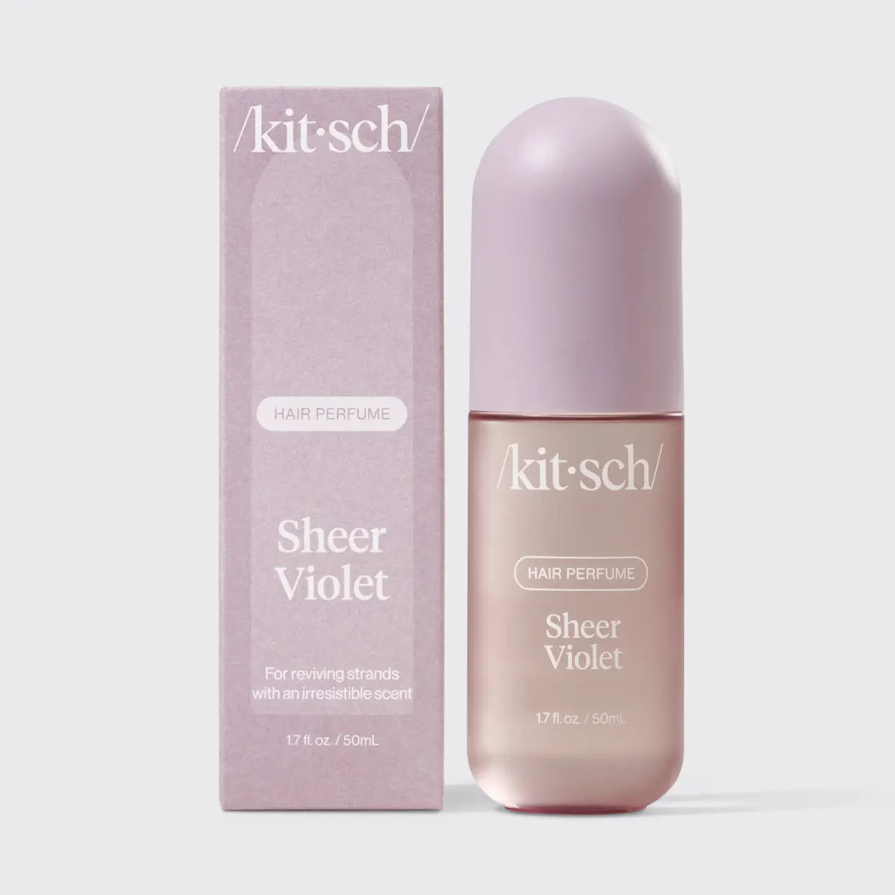 KITSCH sheer violet hair perfume bottle with elegant violet design and clear glass, showcasing the product's delicate floral scent.