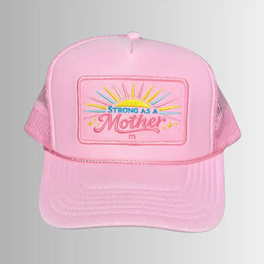 Mother Hats Strong As A Mother® Sun Trucker Hat in flamingo pink with mesh back and adjustable strap.