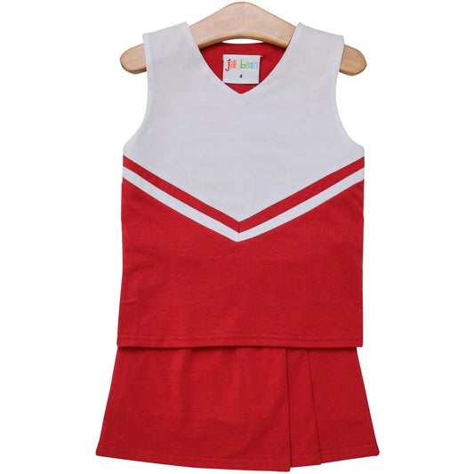 Red and white cheer uniform skort set by Jellybean, featuring a sporty skirt and matching top for cheerleading performances.