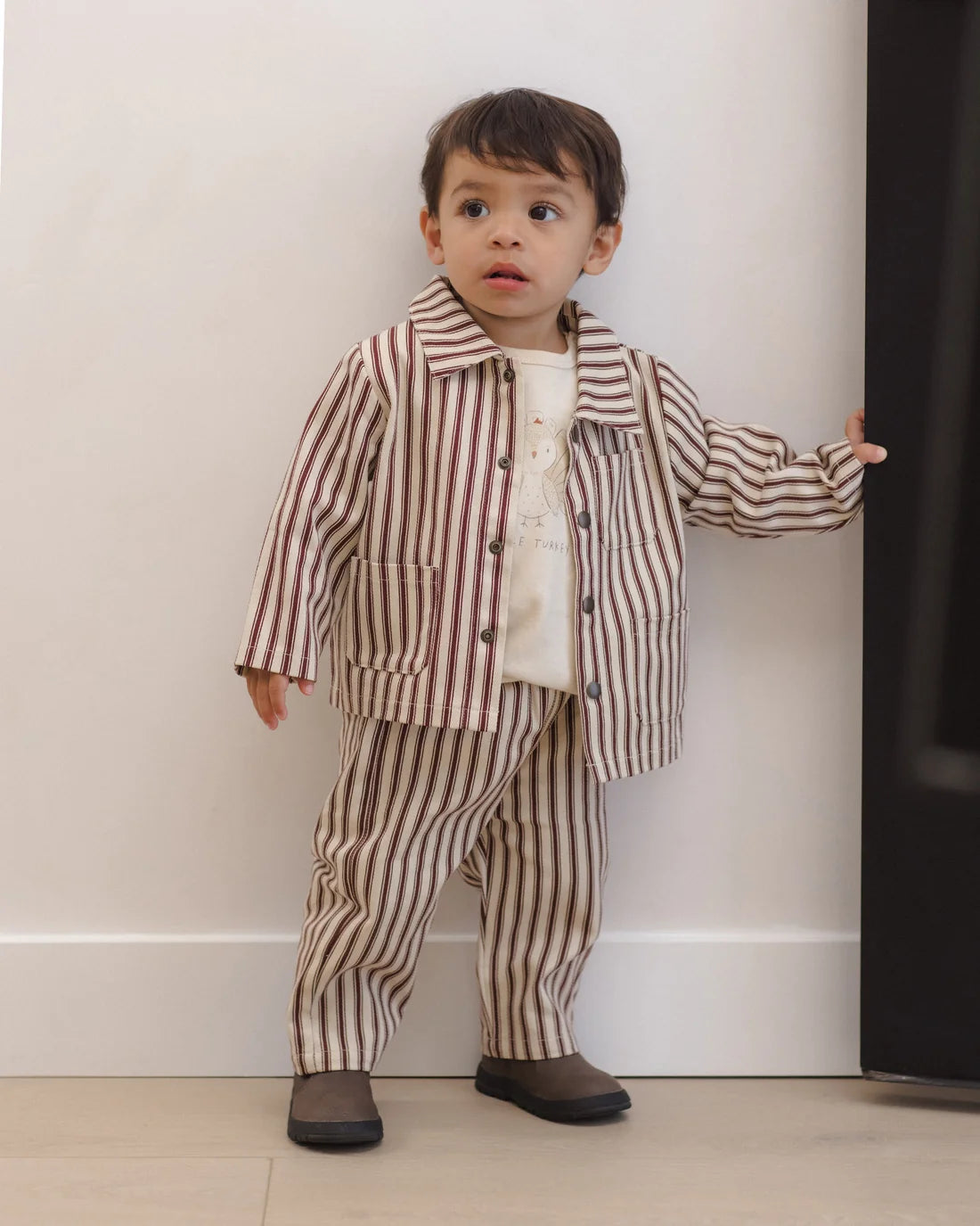 Black cherry pinstripe utility jacket by Quincy Mae, featuring a button-up design, chest pockets, and a casual fit.