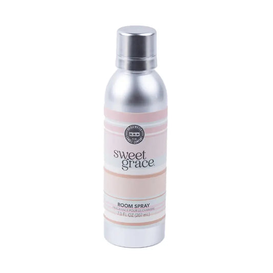 Bridgewater Candle Company Sweet Grace non-aerosol room spray bottle with floral design and white cap.