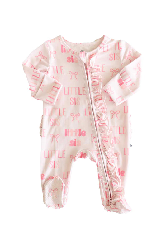 Caden Lane Little Sis Ruffle Zipper Footie with ruffled collar and zipper closure, soft fabric for baby girl comfort.