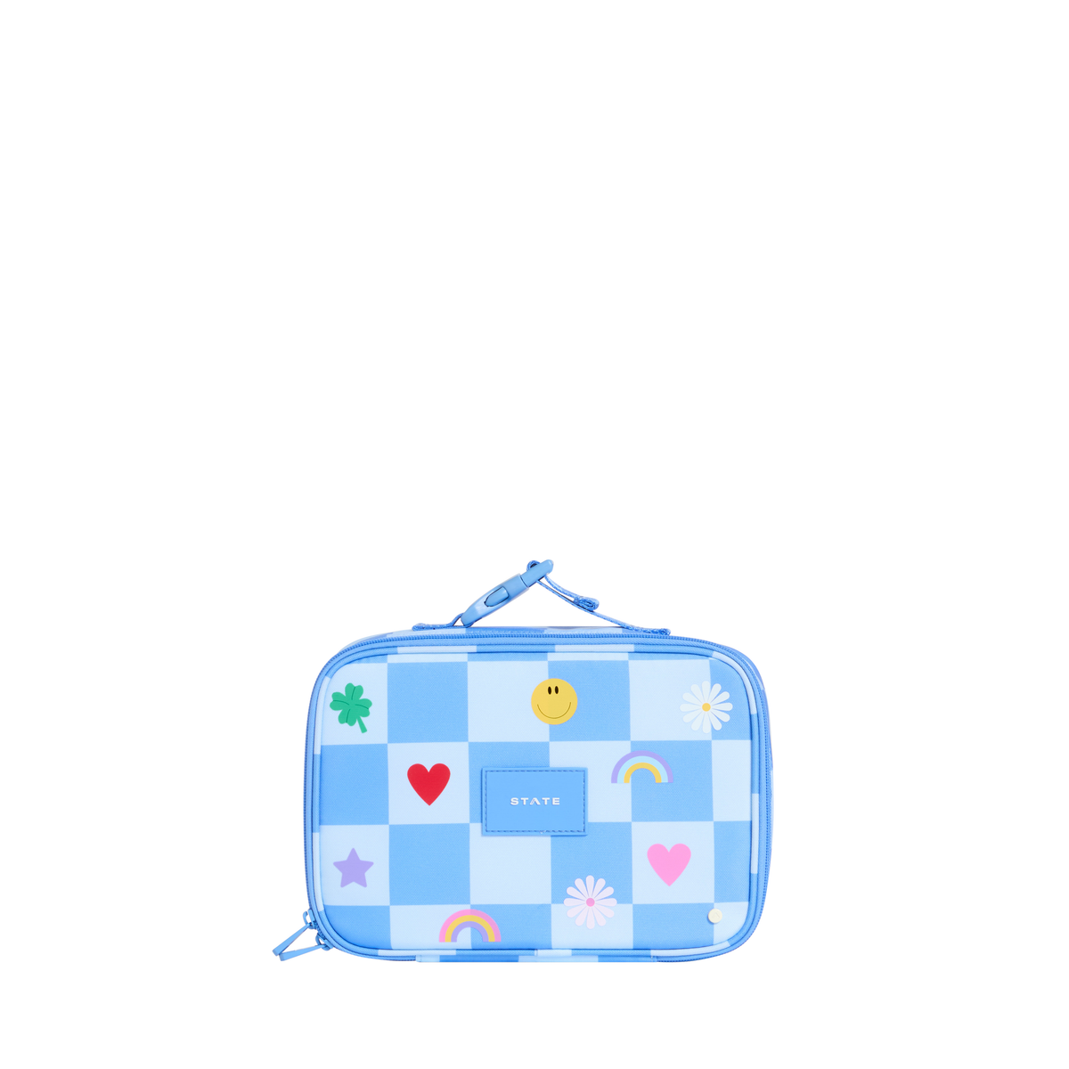 Blue check Rodgers lunch box by State Bags with charm details, featuring a compact, stylish design for everyday use.