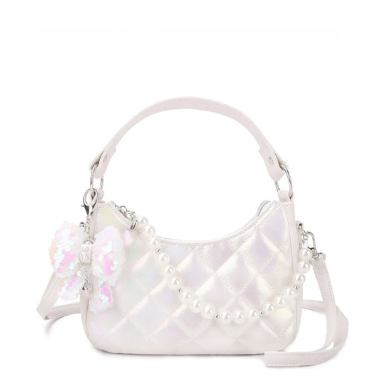 Metallic quilted hobo crossbody bag with pearl chain from OMG Accessories, featuring a shiny finish and stylish design.