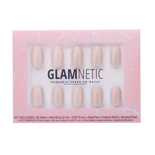Glamnetic Pure Intentions iridescent press-on nails with a shiny, multi-color finish on a clear background