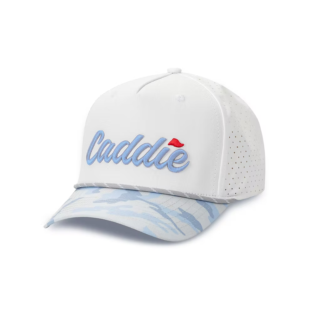 Youth camo Bill Performance Rope hat by Caddie featuring a camouflage pattern, adjustable rope strap, and curved brim.