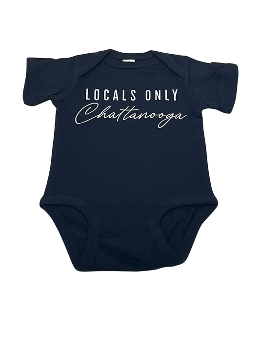 Navy Chattanooga Baby Onesie by Bump & Beyond Designs, soft cotton infant bodysuit with short sleeves and snap closures.