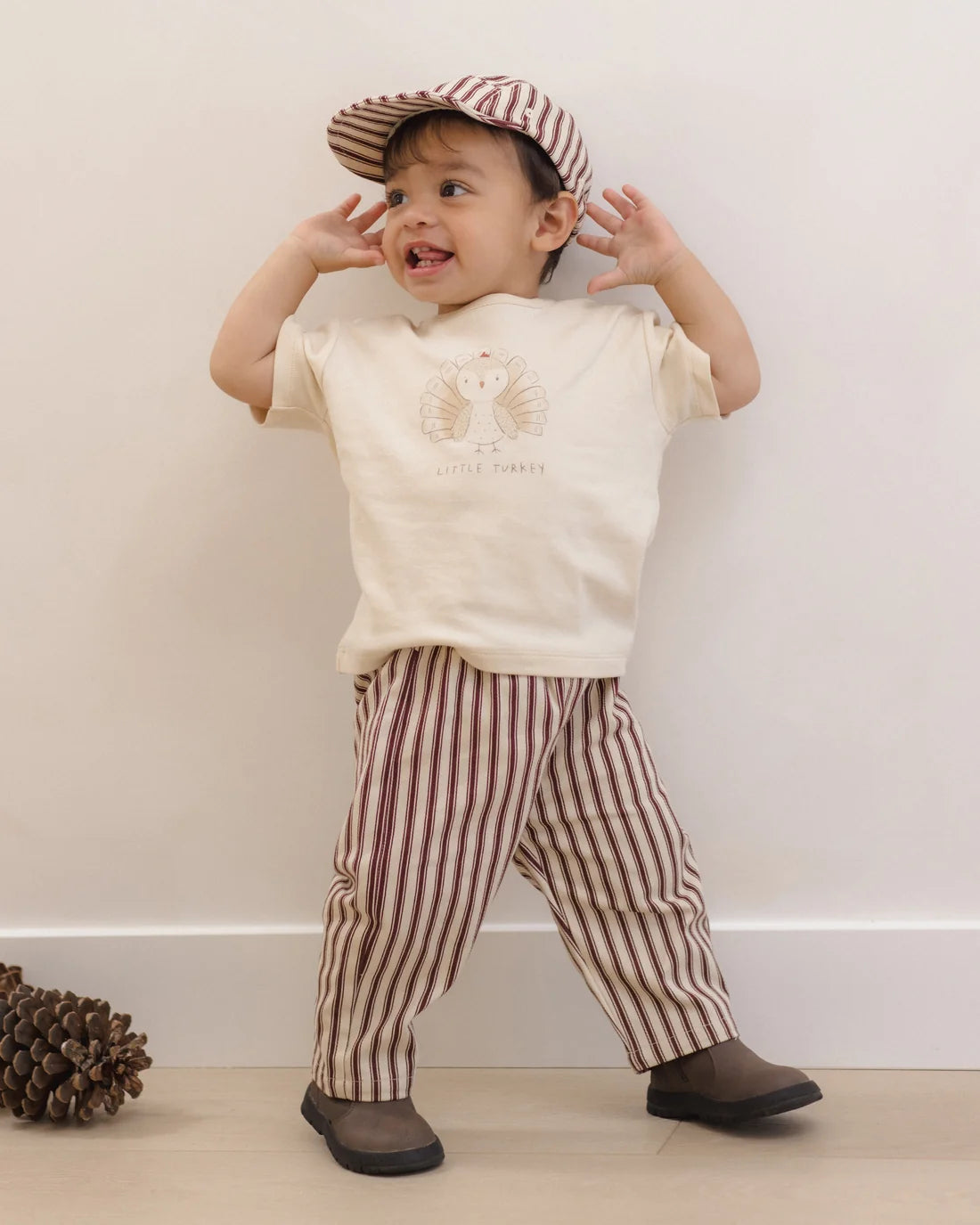 Quincy Mae Black Cherry Pinstripe Grayson Pant showing soft fabric, black cherry pinstripe pattern, and relaxed fit style.