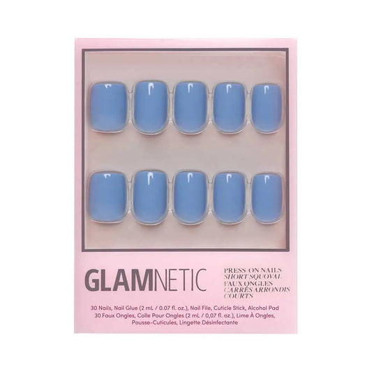 Glamnetic cashmere blue press-on nails with a sleek, smooth finish and elegant design, perfect for stylish, easy-to-wear manicures