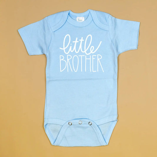 Little Brother blue onesie by Cuddle Sleep Dream, soft cotton baby romper with long sleeves and front snap closure.