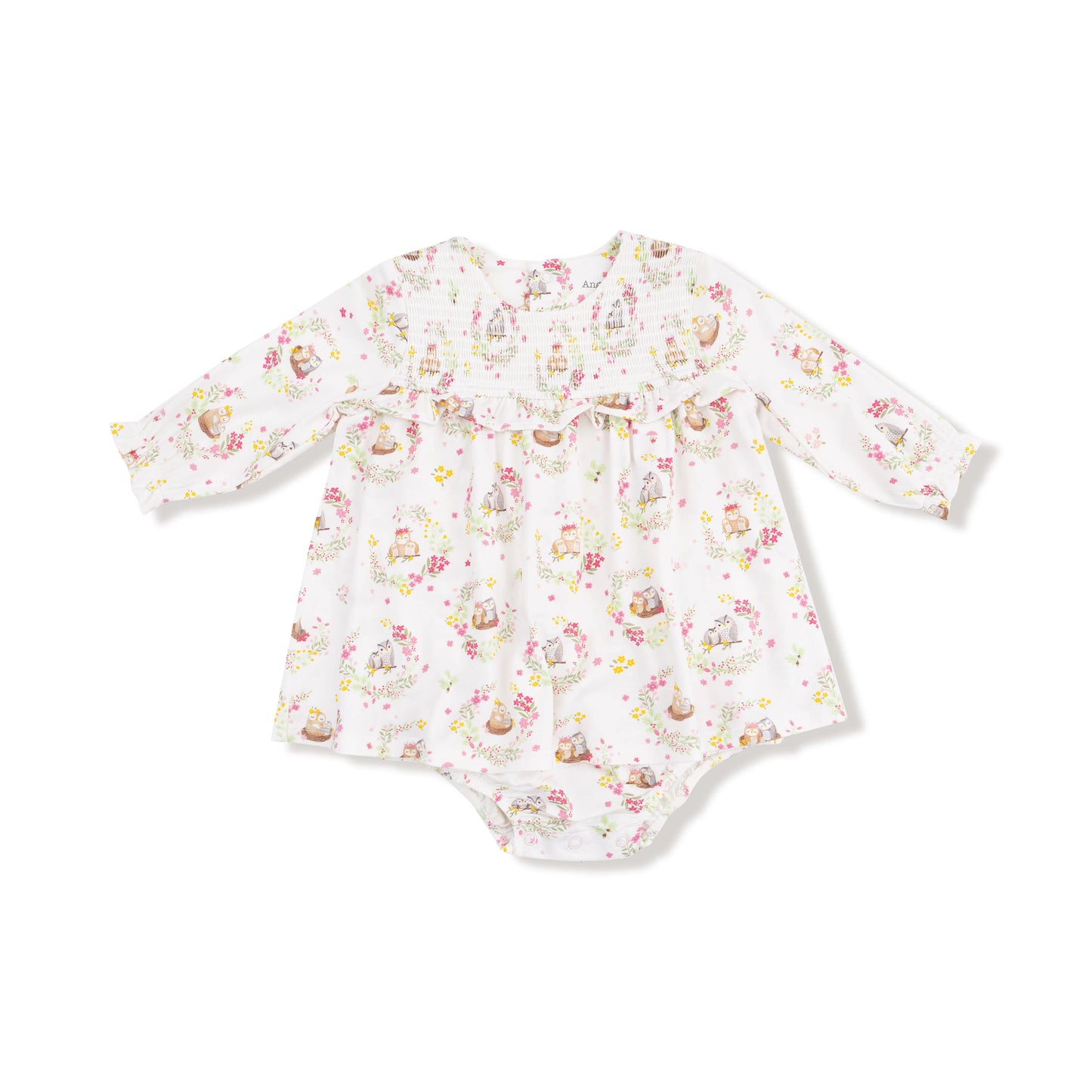 Floral Owl Families Smocked Ruffle Bubble
