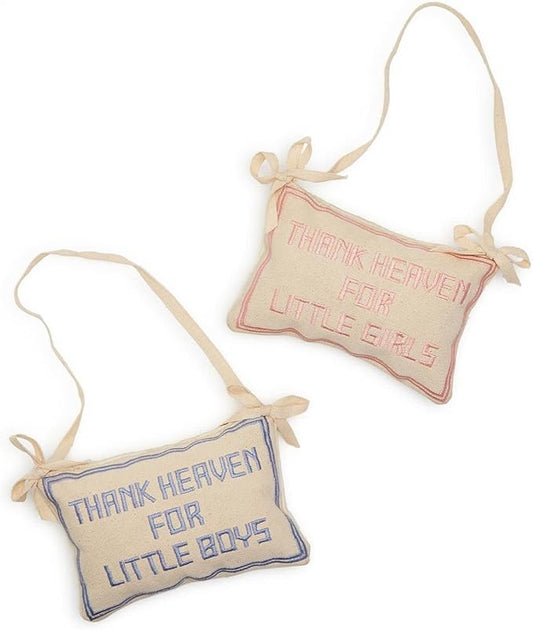 Thank Heaven embroidered pillow door hanger with floral design, perfect for children's rooms or door decor from Sweet E's Children's Boutique.