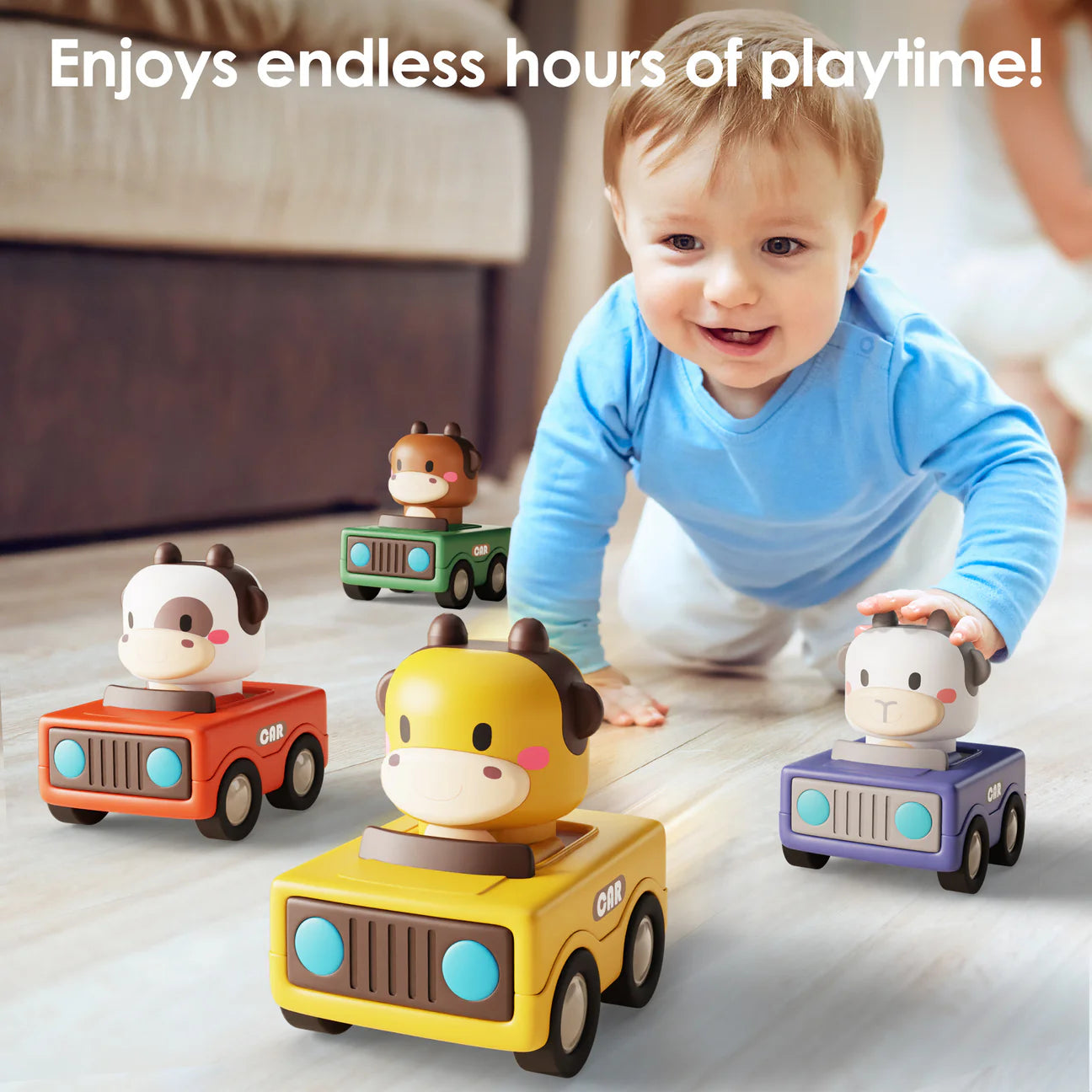 Press and Go Animal Car Toy by iplayilearn with colorful animal designs and smooth wheels for toddler play.