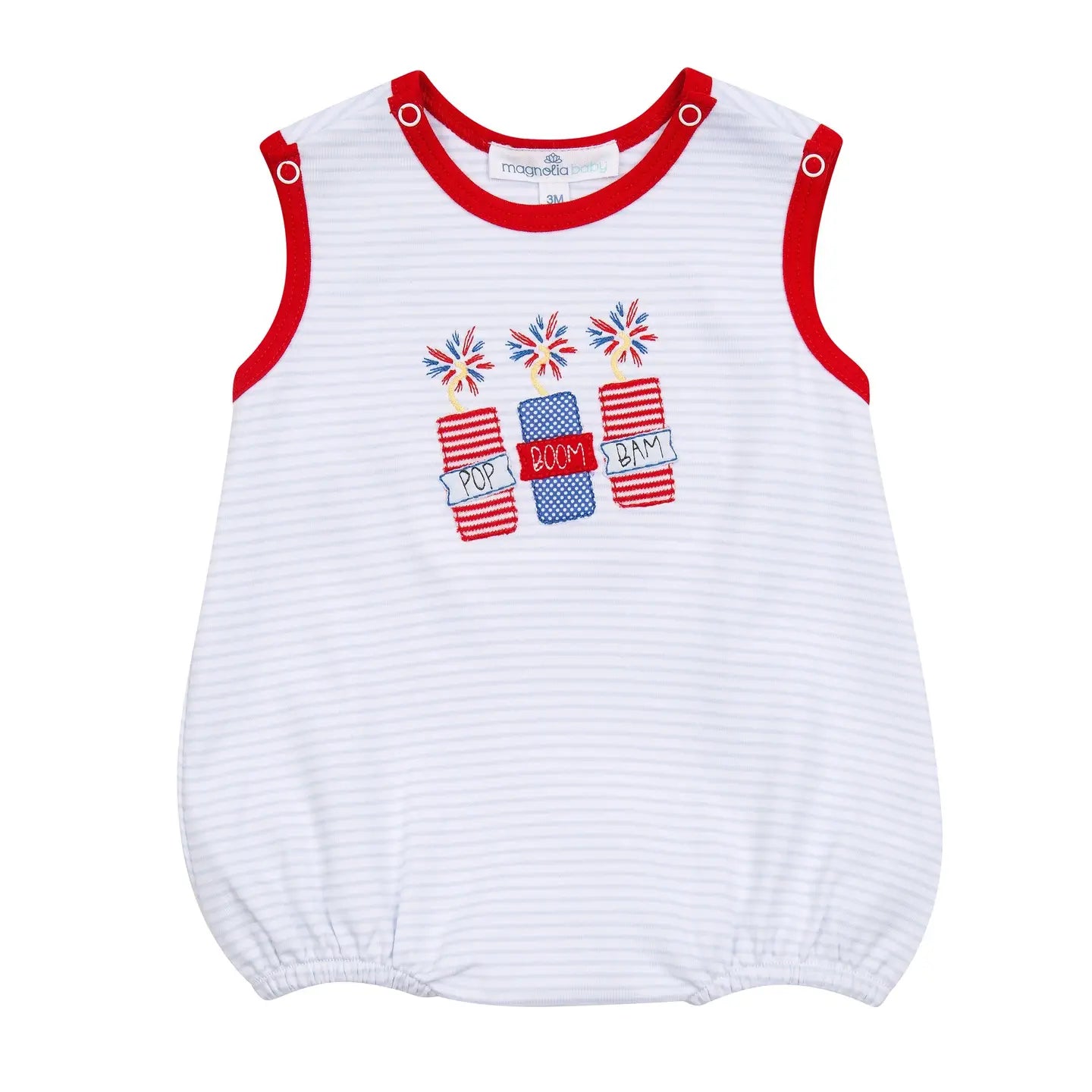 Magnolia Baby boy bubble with red sleeveless appliqué featuring playful pop, boom, bam! design for infants and toddlers.
